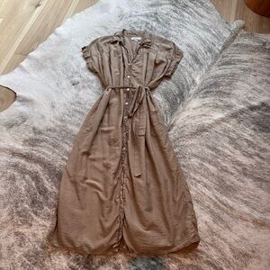 Velvet Tan Buttoned Tie Front Maxi Dress
